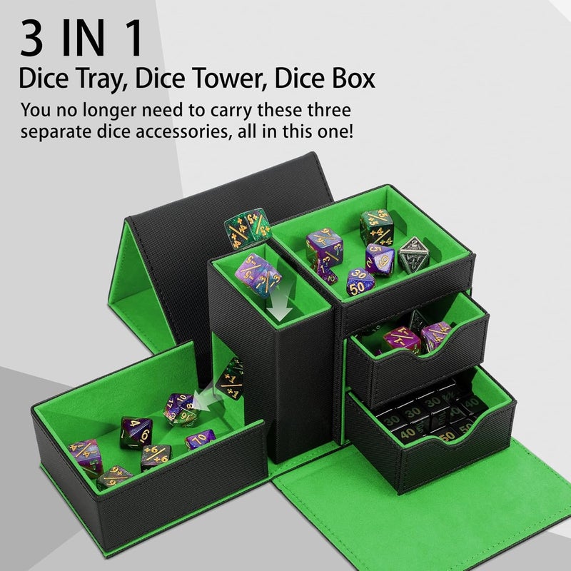 Stepane Dice Tray & Dice Tower Storage Box, 3 in 1 Dice Holder Case (Dice Rolling Tray, Dice Rolling Tower, Dice Storage Drawers), Leather Magnetic Closure DND Accessories Gifts for RPG MTG, Black/Green - Image 2